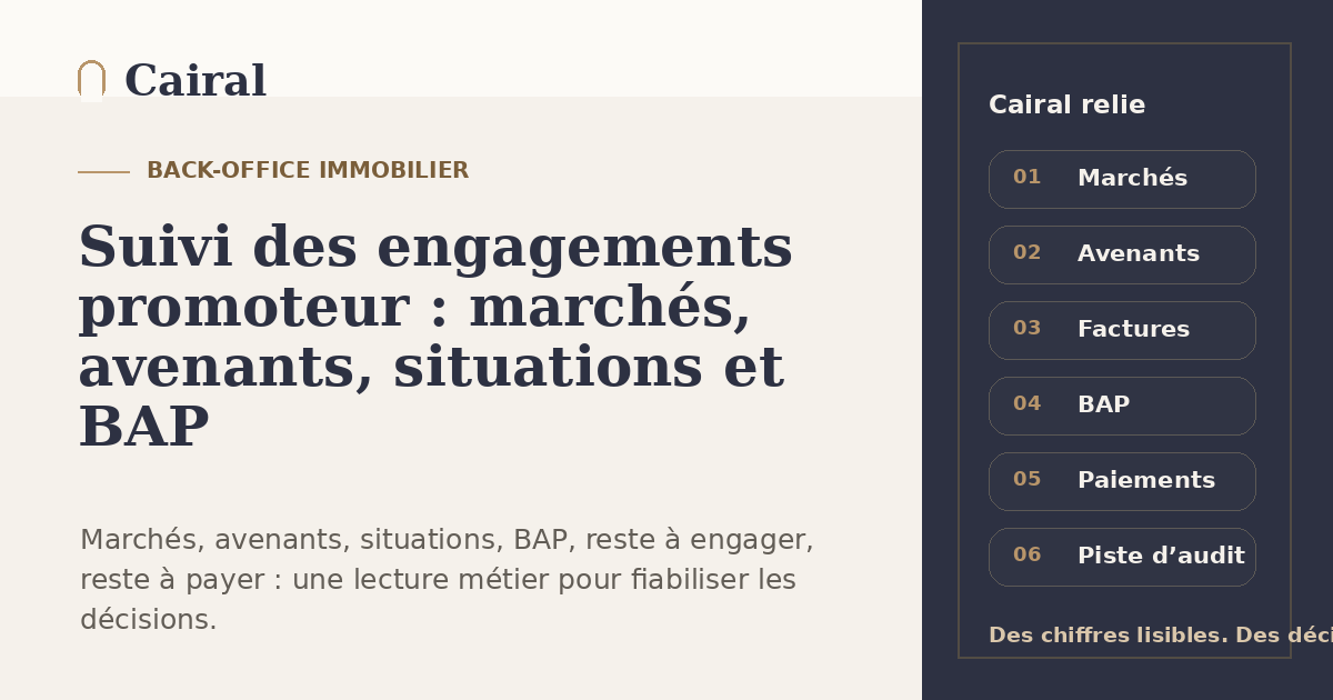 Suivi des engagements promoteur : marchés, avenants, situations et BAP
