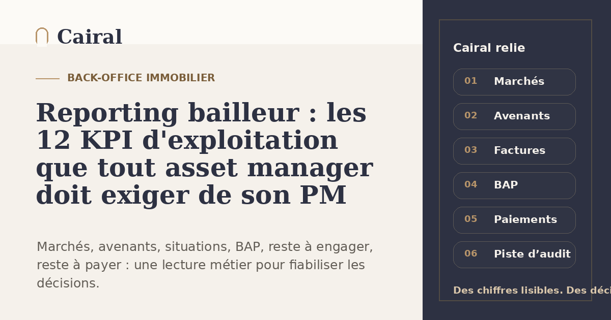 Reporting bailleur : les 12 KPI d'exploitation que tout asset manager doit exiger de son PM